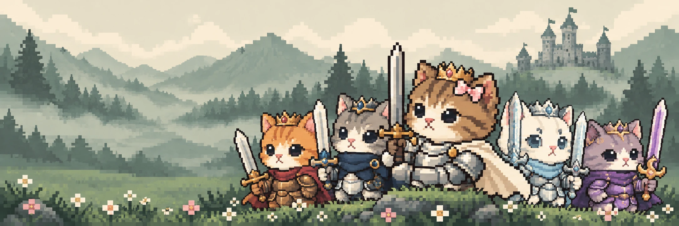 Five Pawkin knights standing in a misty meadow below a castle