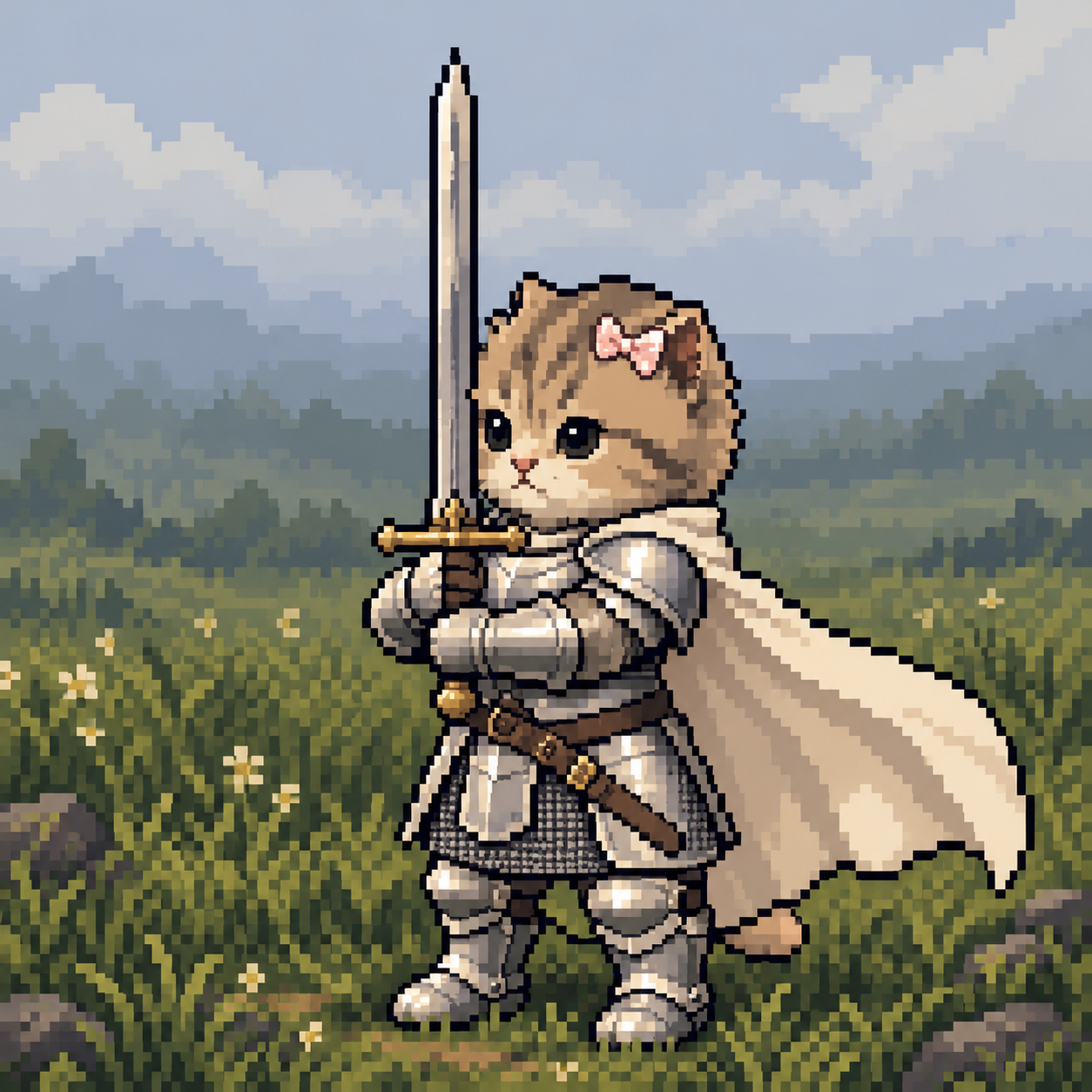 A brown tabby kitten knight standing in a misty meadow with a sword